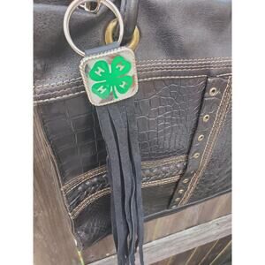 Handmade 4H boho Leather Fringe Western bag charm, Long fringe keychain 4 H gift